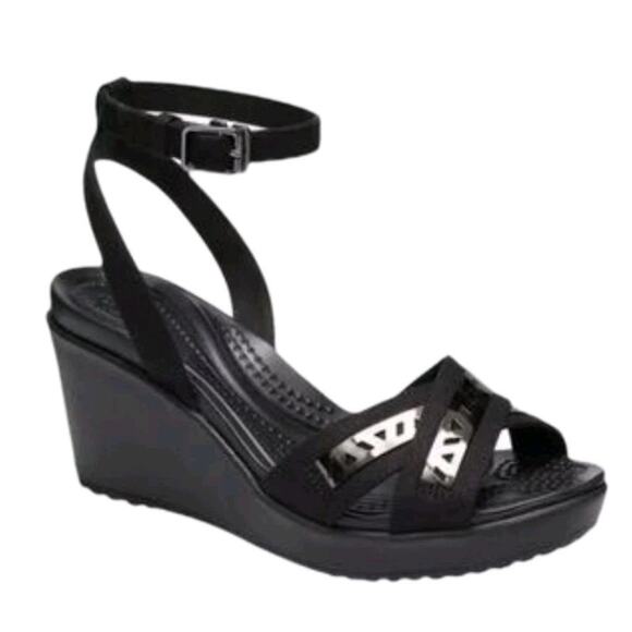 Crocs Black Leigh II Cross Strap Sz 10 Block Ankle Wedge Sandal Heel 206023 - Picture 1 of 11